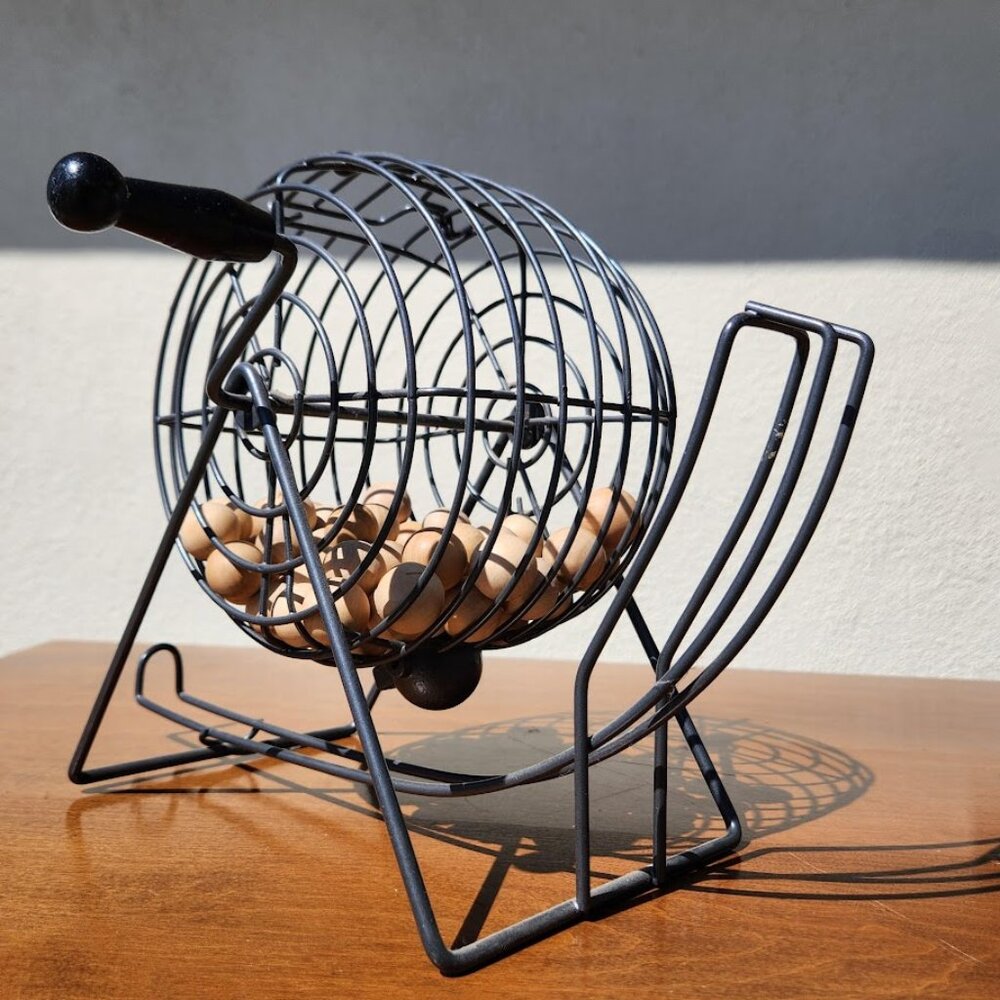 VINTAGE Bingo Cage with Wooden Etched Balls Spinning Handle Board Game Table